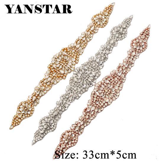 YANSTAR 1PIECE Hot Sew On Crystal Rhinestones Appliques Rose Gold Silver Rhinestones Appliques for Wedding Party Dresses Belt