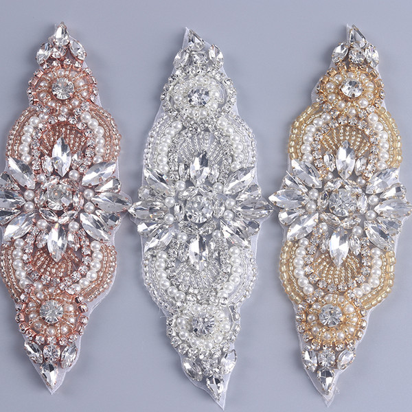 (30Pcs)Yanstar Rhinestone Trim Applique Rose Gold Crystal Trim For Dress Sash Bridal Applique Pearl Sew-On Wedding Sash Belt YS844