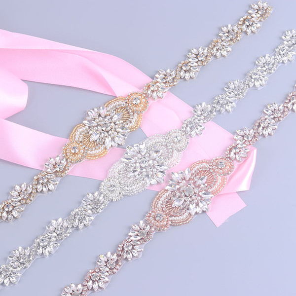 Clear Rhinestone Pearl for Wedding Dresses Belt by Sewing Iron Embroidery Patches Appliques Rose Gold Silver Bridal Sashes L45
