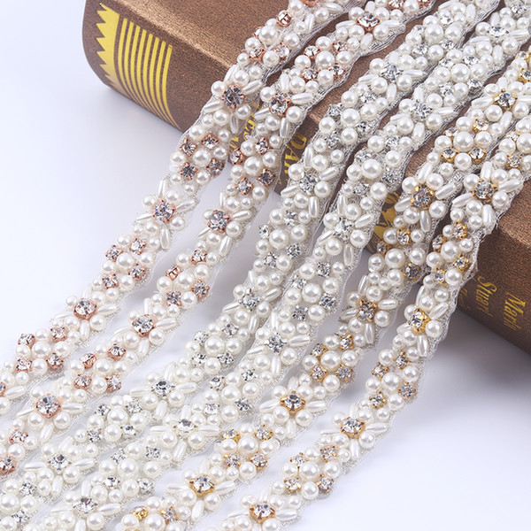 10Yards Pearls Rhinestones Appliques Trim For DIY Wedding Belt Clear Pearls Rhinestones Sew On Bridal Accessory Rose Gold YS816