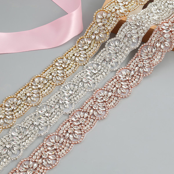 1Yards Handmade Sewing Bridal Beaded Rose Gold Silver Crystal Rhinestones Appliques Trim For Wedding Dress Belt Sashes