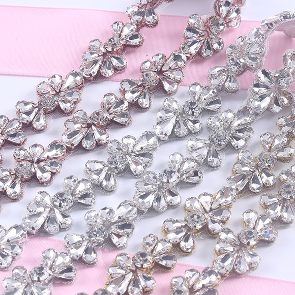 5Yards Rhinestones Trim Iron On Wedding Dresses Belt Rose Gold Silver Rhinetones Clear Bead DIY Bridal Sashes