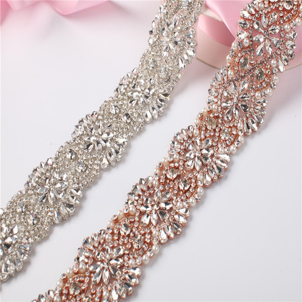 5Yards Wholesale Sewing Bridal Beaded Rose Gold Silver Crystal Rhinestones Appliques Trim For Wedding Dress Belt Sashes