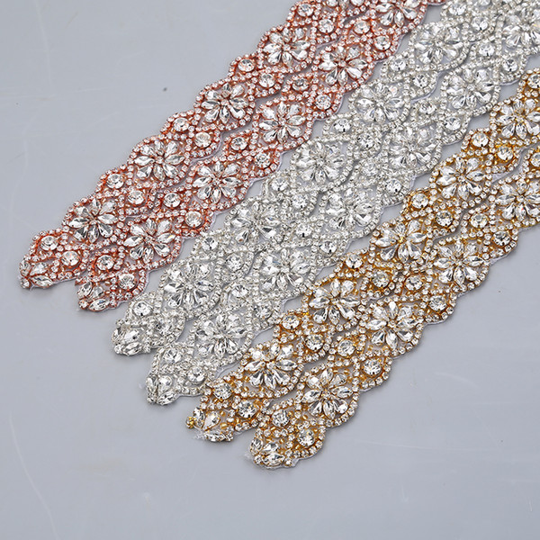 1Yards Rhinestones Trim Iron On Wedding Dresses Belt Rose Gold Silver Rhinetones With Beads Crystal On DIY Bridal Sashes