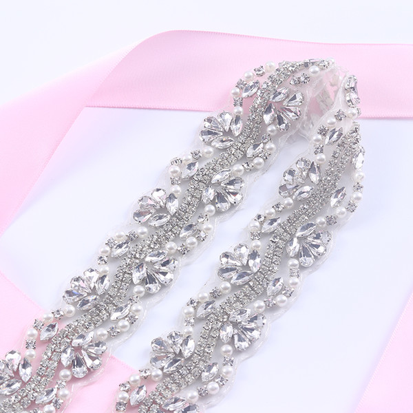 1Yards Rhinestones Trim Iron On Wedding Dresses Belt Silver Rhinetones With Clear Beads Crystal Sewing On DIY Bridal Sashes