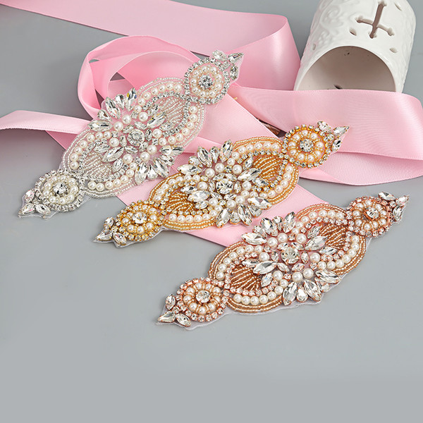 Bigger Size Rhinestones Appliques Sewing On Wedding Dresses Belt Rose Gold Silver Handmade Pearls Crystal DIY Bridal Accessory