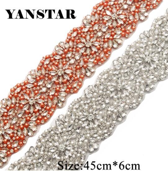 YANSTAR 1Pcs Super Hand Rhinestones Appliques Iron For Wedding Dress Belts Silver Rose Gold Rhinestone Applique 45cm*6cm YS876