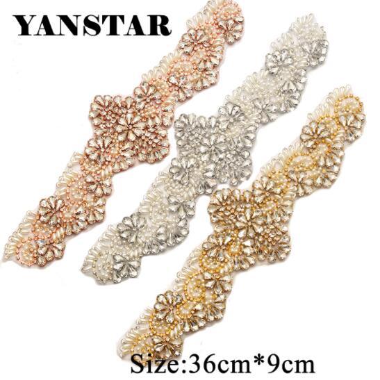 YNASTAR 1PCS Hand Bridal Gown Belt Clear Rose Gold Crystal Rhinestone Appliques Beads Sew On For Wedding Dress Belts YS908