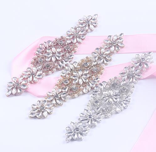 1PIECE Bigger Size Handmade Rhinestones Appliques For Bridal Sashes Rose Gold Silver Clear Crystal Beads Sewing On Wedding Belt