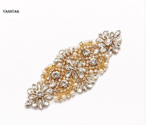 1(PIECE) Yellow Gold Rhinestones Appliques For Wedding Party Dresses Sashes Rhinestone Applique Sew On DIY Bridal Accessories