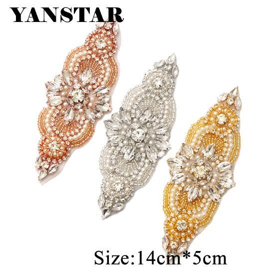 YANSTAR (2pcs) Handmade Beaded Rose Gold Rhinestones Appliques Patch Sewing On For Wedding Dress Sash DIY Bridal Belt YS844