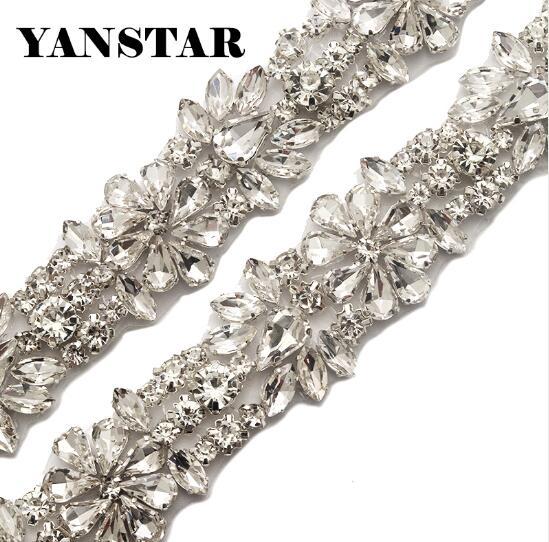 YANSTAR Rhinestones Appliques By The 1 Yard Tirm For Wedding Dress Belt Clear Rose Gold Crystal For DIY Bridal Gown Sash YS857