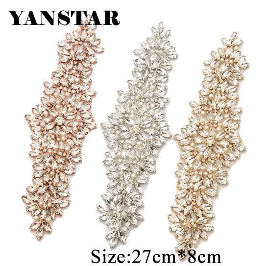 YANSTAR Handmade 1PIECE Rhinestones Beaded Pearls Appliques Patch Bridal Rhinestones Appliques for Wedding Dress Sash YS825