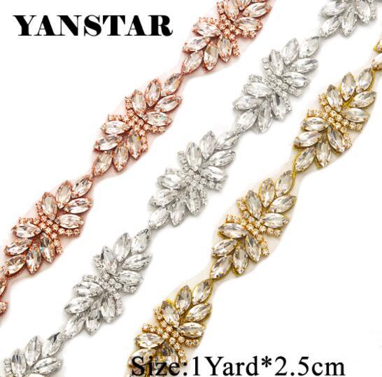 YANSTAR 1Yard Rhinestone Appliques For Wedding Dress Belts Clear Rose Gold Crystal Appliques For Bridal Gown YS897