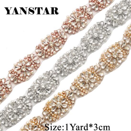 YANSTAR 1Yard Handmade Bridal Gown Sash Rhinestone Appliques Trim For Wedding Dress Belts Rose Gold Crystal YS886