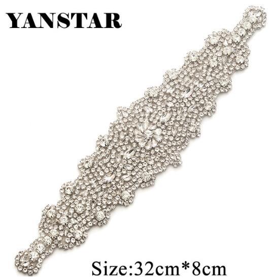 YANSTAR (1 pcs) Hand Bridal Beaded Silver Crystal Sewing On Rhinestones Appliques For Wedding Dress Sash YS859