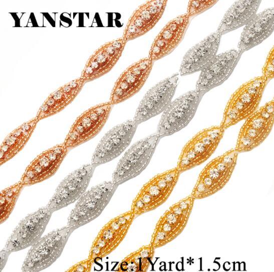 YANSTAR (1Yard) Handmade Rose Gold Bridal Sparkle Crystal Rhinestones Appliques Bridal Accessory Sewing On Bridal Sash YS882