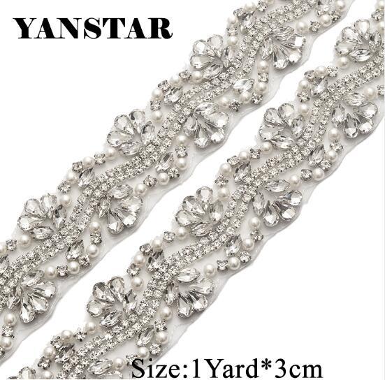 Wholesale 3CM*10Yards Pearls Rhinese Applique With Clear Beads Crystal For Wedding Dress Belt Sewing On DIY Bridal Sashes YS819