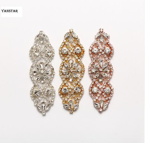 1(PCS) Hand beaded Rhinestones Appliques For Wedding Accessory Sashes Rose Gold Sliver Rhinestone Applique YS818