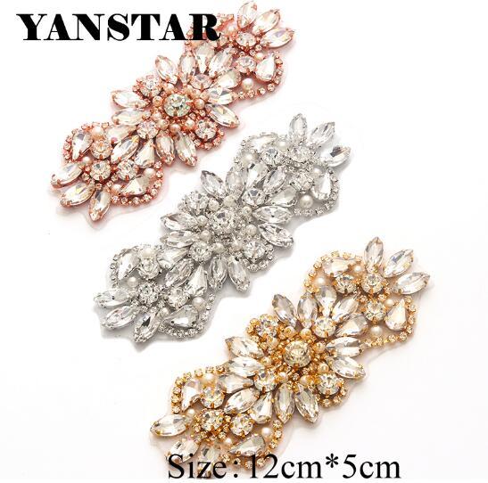 YANSTAR 5PCS Wholesale 12*5CM Clear Rose Gold Crystal Rhinestones Appliques Patch For Wedding Dress Belt YS847