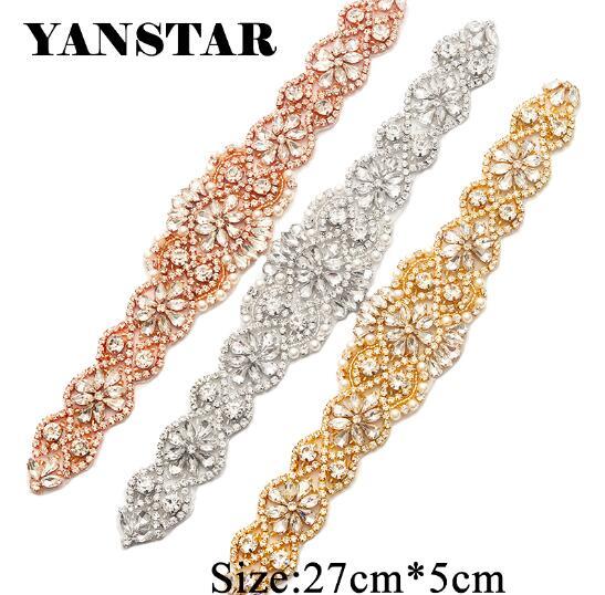YANSTAR(1pcs)Handmade Bridal Grown Sash Rhinestones Appliques For Wedding Dress Belt Rose Gold Clear Crystal Rhinestones YS836