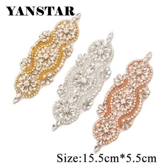 YANSTAR 1PIECE Bridal Sash Clear Rose Gold Crystal Rhinestones Appliques With Bead Accessory Sewing On Wedding Dress Belt YS842