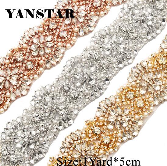 YANSTAR Handmade 5CM*1Yard Sewing Bridal Beaded Rose Gold Clear Crystal Rhinestones Appliques Trim For Wedding Dress Belt YS821