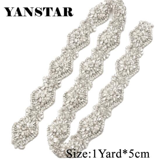 YANSTAR 1 Yard Rhinestones Appliques Wedding Dresses Belts Sew On Bridal Sashes trim Clear Silver Rhinestones YS936
