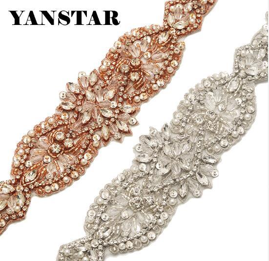 YANSTAR 1PCS Hand Bridal Rhinestone Applique Sew On For Wedding Dress Sash Rose Gold Crystal Appliques YS864