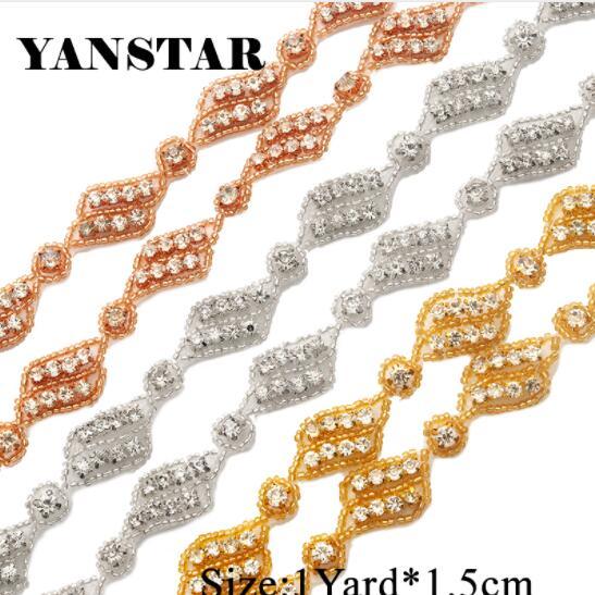 YANSTAR (1Yard) Handmade Rose Gold Bridal Sparkle Crystal Rhinestones Appliques Bridal Accessory Sewing On Bridal Sash YS881