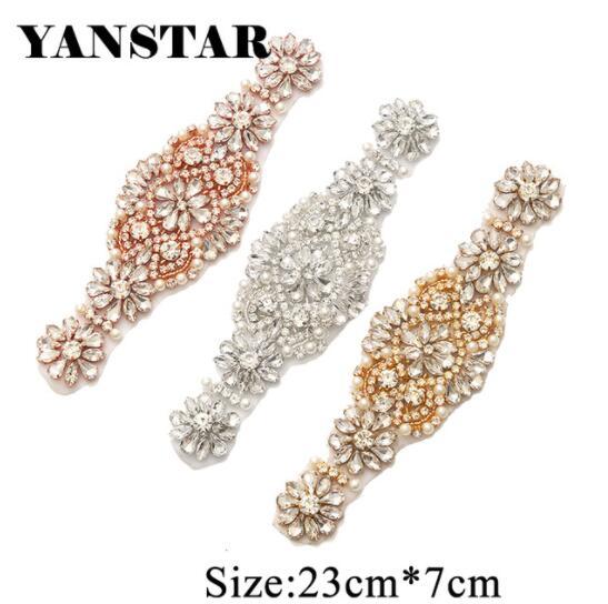 YANSTAR (1PCS) Rhinestones Appliques Rose Gold Sew On Spearkle Crystal Beads Rhinestones Appliques for Bride Sashes YS929