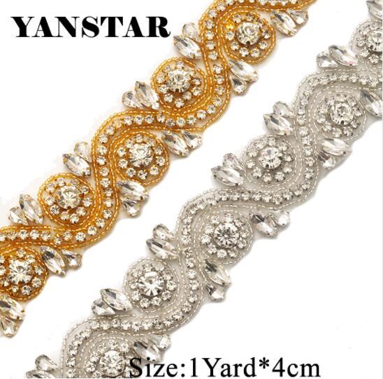 YANSTAR 1 YARD Romantic Wedding Dress Belt Rhinestones Appliques Clear Silver Crystal Iron On Bridal Belt YS902