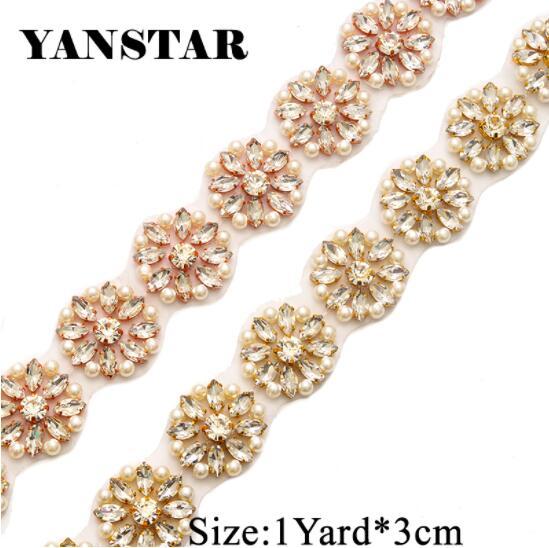 YANSTAR Bridal Sash Pearls Rhinestones Appliques Trim By The 1 Yard *3cm For Wedding Dress Belts Rose Gold Crystal YS900