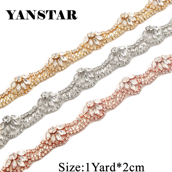 Yanstar Handmade Thin Gold Rhinestone Applique Trim by The Yard with Iron-On Back for DIY Bridal Wedding Belt Sash Bridesmaid Dress YS801