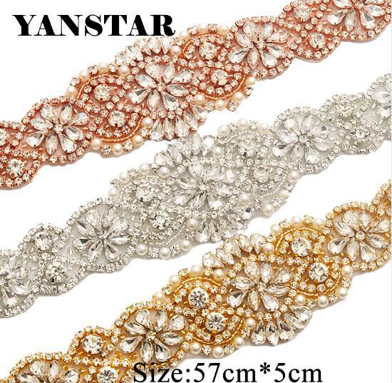 YANSTAR Handmade 1PIECE Rose Gold Crystal Rhinestones Appliques Accessory For Bridal Sash Sew On for Bridal Belt YS834