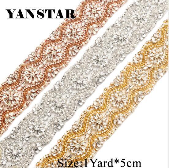 YANSTAR Wholesale Applique 5CM* 5Yards For Wedding Dress Belt Clear Rose Gold Crystal Applique For Bridal Sash YS812