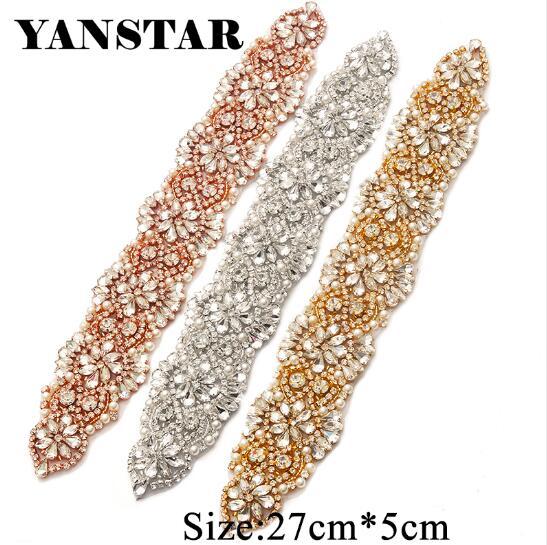 YANSTAR 1PCS Handmade Rhinestones Appliques For Bridal Rose Gold Crystal With Beads Sewing On Bridal Belt YS832