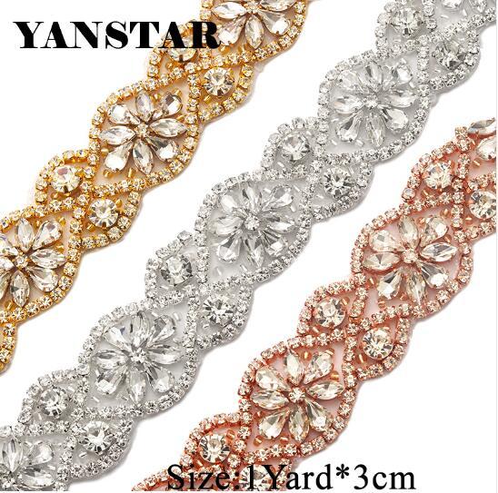 YANSTAR Wholesale 3CM*10Yards Rhinestones Trim Iron On Wedding Dresses Belt Rhinetones With Beads Crystal On Bridal Sashes YS818