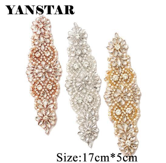Yanstar 1Pcs Bridal Rhinestones Applique Sew-On For Weding Dress Belt Rose Gold Rhinestones Used Bridal Accessory YS849