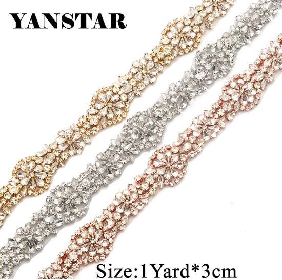 YANSTAR 3CM*5Yards Rhinestones Appliques Wedding Belt Rose Gold Crystal Rhinestones Appliques trim for Bridal Accessory YS813