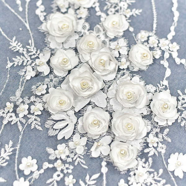 3D luxury white stereoscopic flower French Embroidered Lace fabric with pearls Wedding formal dress Lace fabric D001