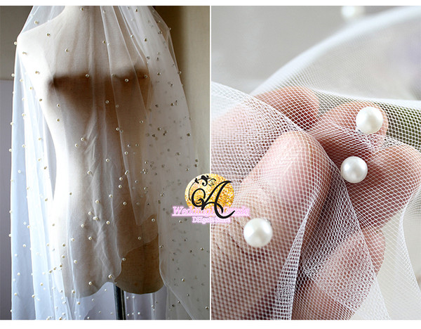 160CM Width White pearls Beading tulle fabric with bounce mesh bride veil fabric wedding dress gauze clothing materials CL01