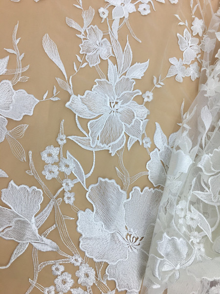 Elegant Tulle Floral Embroidery Lace Fabric for Wedding Bridal Dress, Unique Dress Apparel Fabric African Lace Fabric by 5 Yard