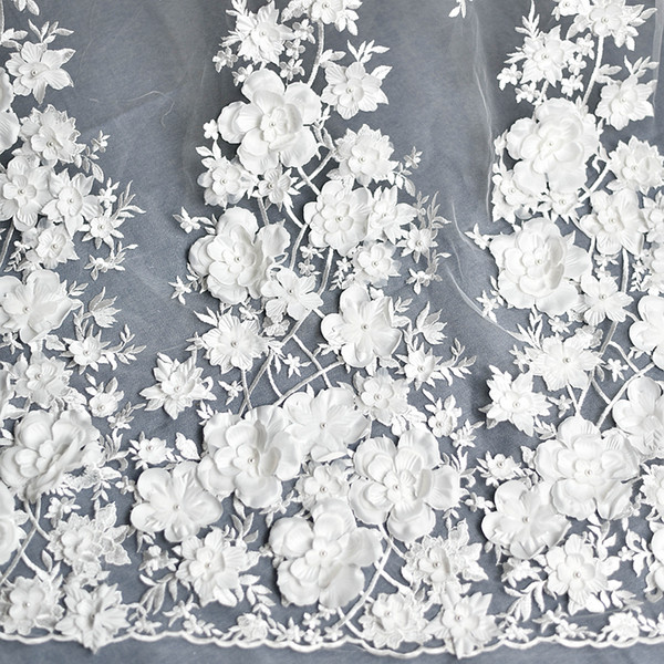 3D white stereoscopic flower French Embroidered Lace fabric with pearls Wedding formal dress Lace fabric L001