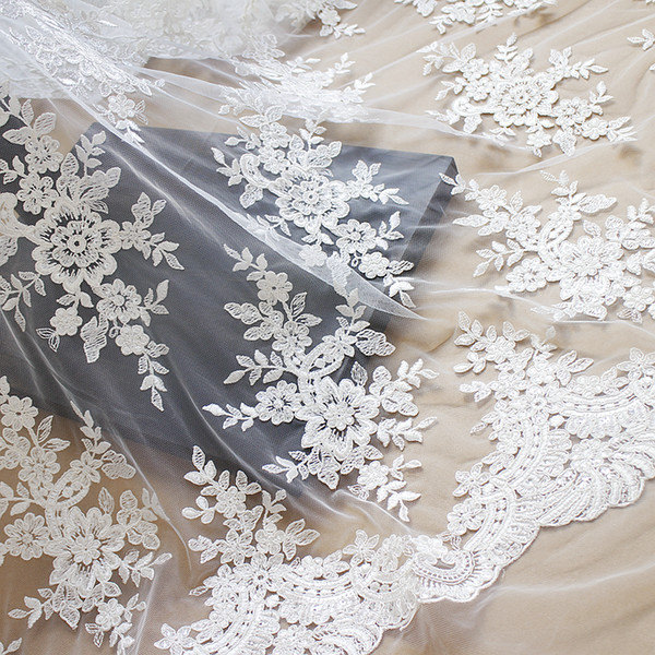 White French shiny vintage lace embroidery fabric with sequins wedding dress gauze clothing materials DIY accessories Lace fabric T037