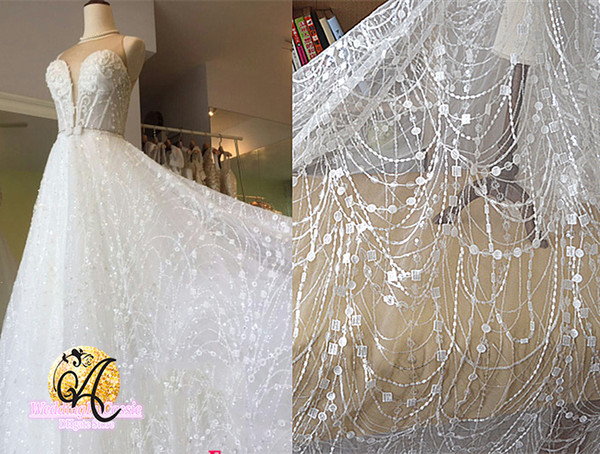 White wave tassel glitter tulle fabric embroidery lace wedding dress gauze clothing decoration materials DIY accessories Lace fabric L008