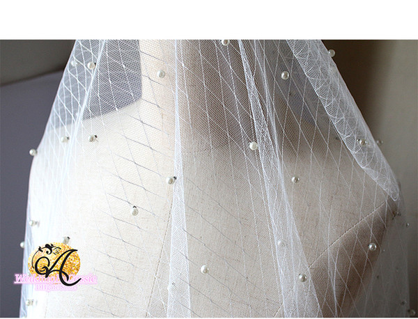 165CM Width White pearls Beading tulle fabric with bounce diamond mesh bride veil fabric wedding dress gauze clothing materials CL02