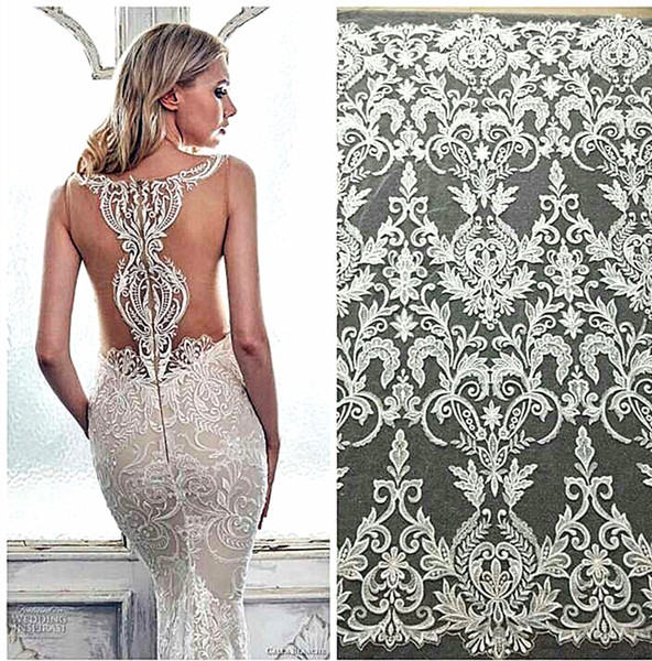 White French vintage fabric embroidery lace with sequins wedding dress gauze clothing decoration materials DIY accessories Lace fabric JZ02