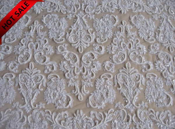 High quality white French lace beading pearls wedding dress gauze clothing fabric materials DZ01