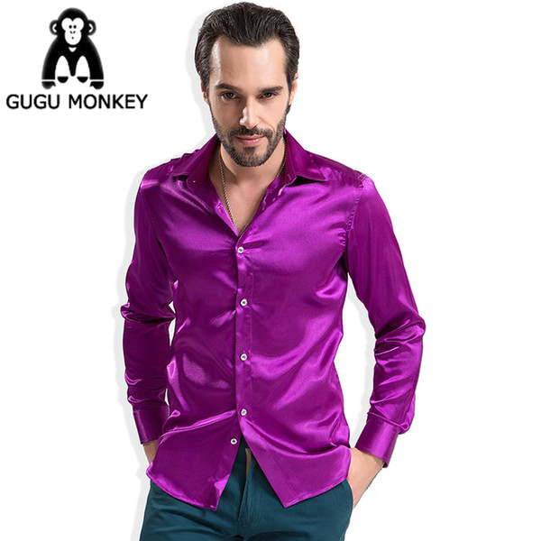 Wholesale-Men's Shirt Show Bright Costume Party Men Dance Chorus Silk Shirt Fashion Shiny Silky Satin Dress Shirt